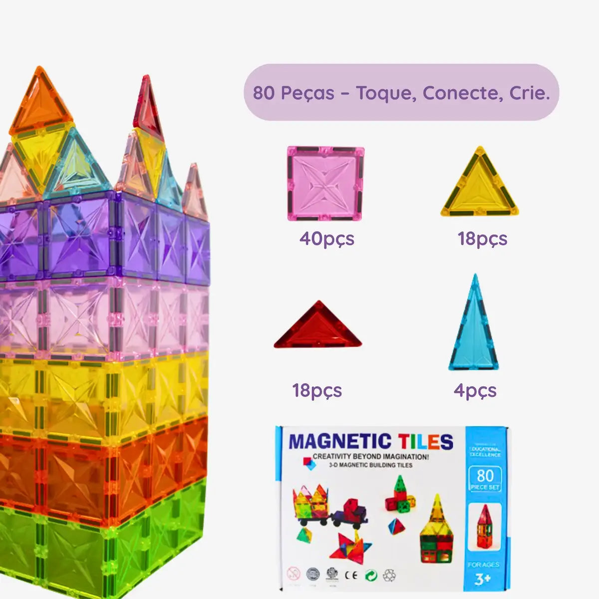 Construções de castelos e casas feitas com peças magnéticas coloridas MagFormas.