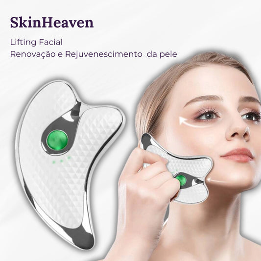 Massageador facial SkinHeaven para lifting e rejuvenescimento, design ergonômico em rosa.