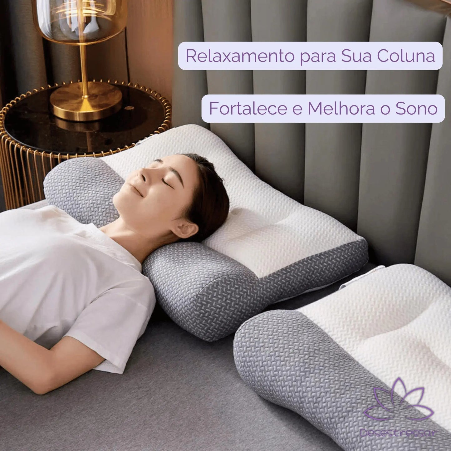 Mulher relaxando com o Travesseiro SonoZen, destacando conforto e suporte ergonômico.