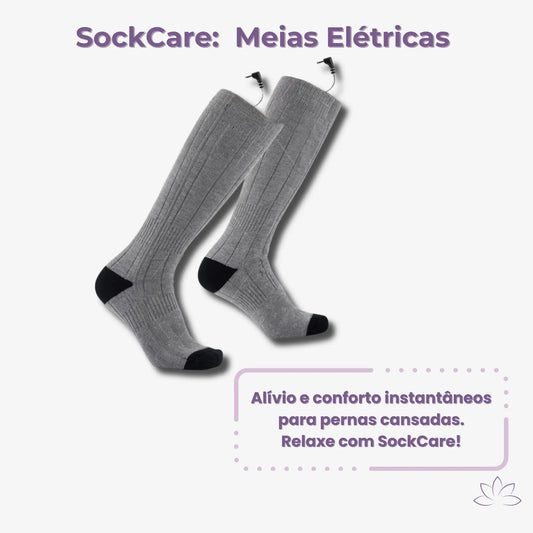 Imagem promocional do produto SockCare: Meias Elétricas. Duas meias cinza com detalhes em preto, acompanhadas do texto 'Alívio e conforto instantâneos para pernas cansadas. Relaxe com SockCare!' em uma caixa branca com design limpo.