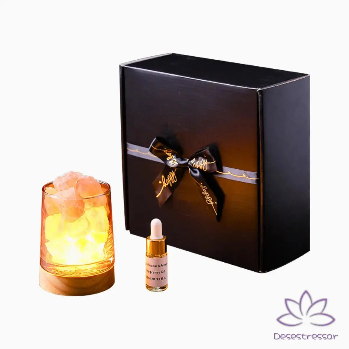 Embalagem premium do AromaLuz, uma caixa preta com laço elegante, ideal para presente.