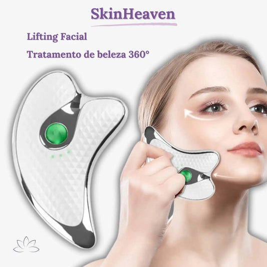 Massageador facial SkinHeaven para lifting e rejuvenescimento, design ergonômico em rosa.