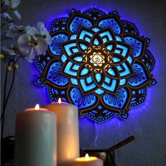 Luminária mandala iluminada TranquiLuz com efeito 3D e base de madeira